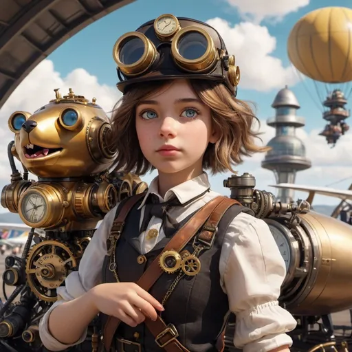 Prompt: portrait of girl,(1girl:1.3),Lots of  puppet ,travel, ,market ,robot mechanical animals ,blooming ,steam,blimp,gold,mechanism,gear,pipe, Europe,
,steampunk, <lora:SteamPunkMachineryv2:.7>,ultra detail,8k,airport,pilot,binoculars