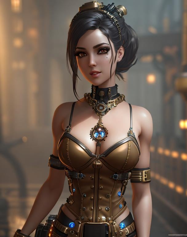 Prompt: pretty steampunk girl with abs, bionic eyes, detailed face, hyper detailed, steampunk, bionic, volumetric lighting, hard lighting, octane render, unreal engine, uhd