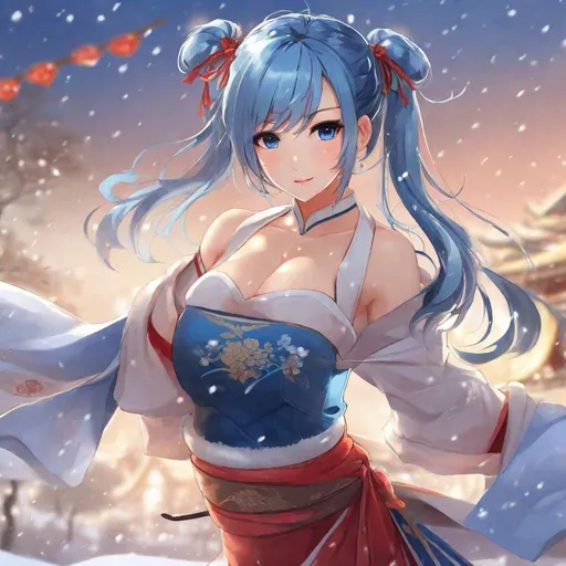 Prompt: winter, martial arts, chinese clothes, wrist wrap, tanned, cleavage, pig tails, abs, dress, short hair, blue hair