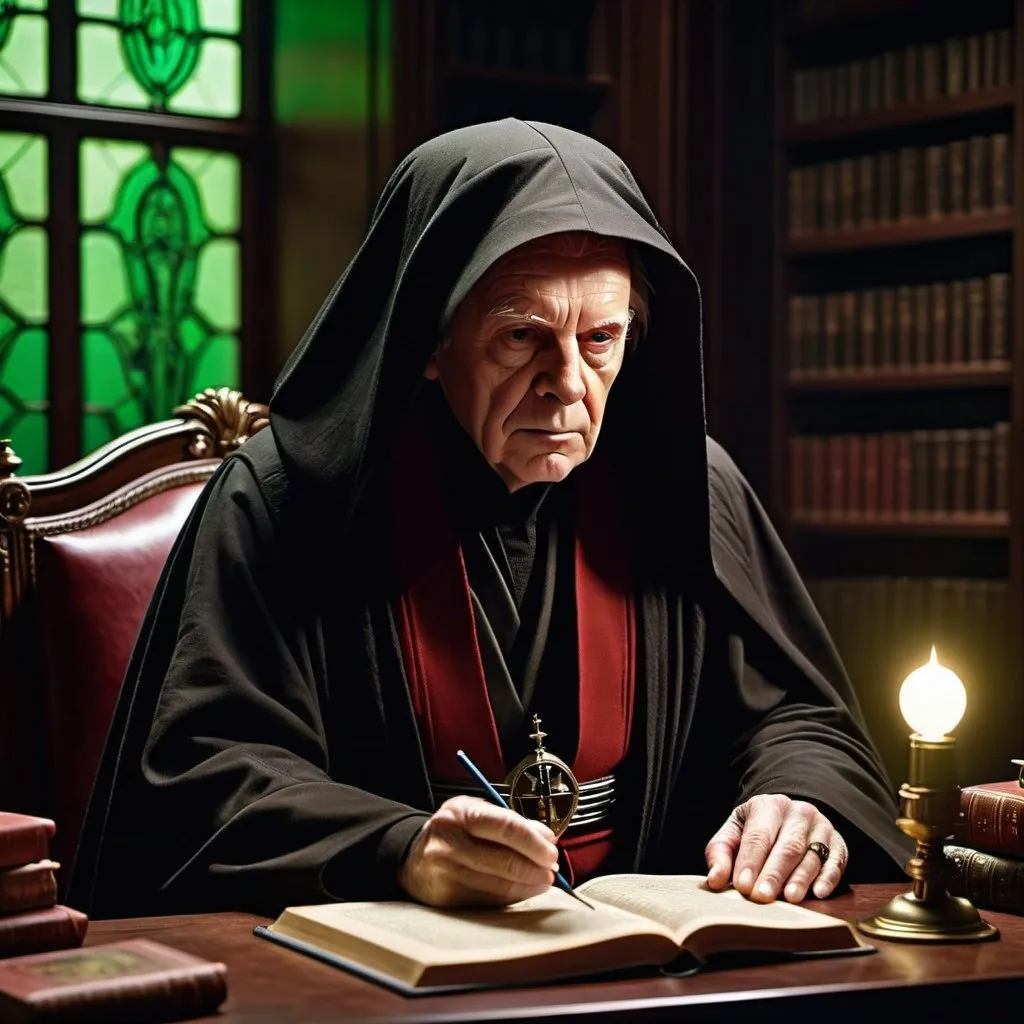 Prompt: An emotional portrait of a contemplative Emperor Palpatine. He is in his private quarters, surrounded by ancient Sith artifacts and dark, leather-bound books. The room is dimly lit by a single, green-hued lamp, casting long shadows that dance on the walls. His expression is one of deep thought, his eyes staring into the distance as if foreseeing the future –aspect 9:16 –quality 1 –chaos 60