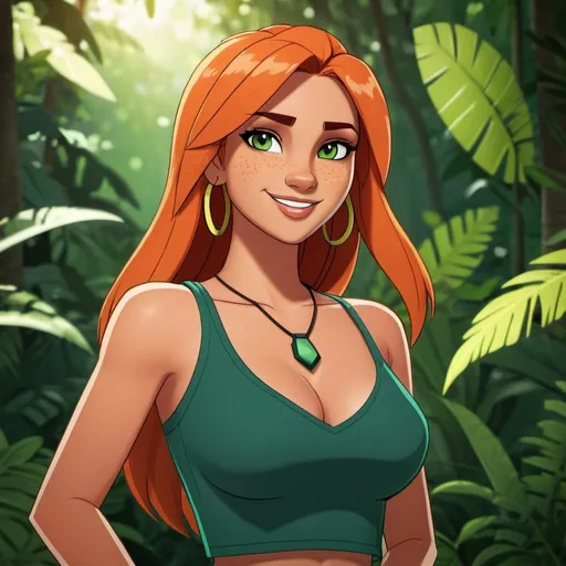 Prompt: Izzy from Total Drama, centered, professional photo, (looking at viewer:1.2), smiling, | Izzy_Total_Drama, long hair, 1girl, solo, orange hair, green eyes, midriff, upper body, clothing cutout, cleavage cutout, | jungle, | bokeh, depth of field, contrapposto, cinematic composition, |