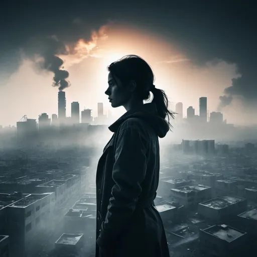 Prompt: The outline of a woman, through the outline the viewer can see a sprawling post-apocalyptic city, smoky, double exposure