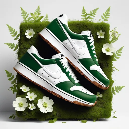 Prompt: nike sneakers made from green leaves and moss, small white flowers growing from moss, white background, box, photo realistic, detailed --s 750 --q 2