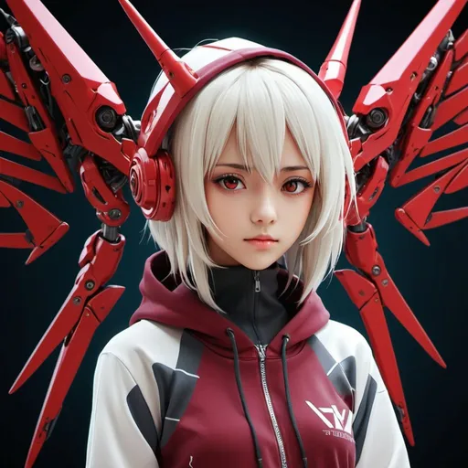 Prompt: {{Makoto Shinkai styled anime} }, adult woman, transforming into Evangelion Demonic Demon inspired mecha, fly me to the moon, {{beautiful intricate triadic antique white colour hair} }, beautiful eyes, evil and cute, Burgundy red hoodie, mega robotic angel and devil wing, beautiful leg, full body, rich in details, luminism, masterpiece, three dimensional effect, 3d render, octane render, {{mix of bold dark lines and loose lines} }, Isometric, awesome full color, {{ultra detailed face} }, {{rule of third} }, 8k resolution, neon lighting