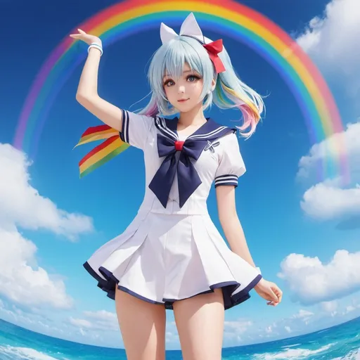 Prompt: score_9, score_8_up, score_7_up, score_6_up,
rating_questionable, full body shot, there is a woman girl wearing a sailor outfit and a bow, anime girl cosplay, abstraction, magic, elemental, rainbow tones, peekaboo multicolored hair++, white hair, blunt bangs, sky
