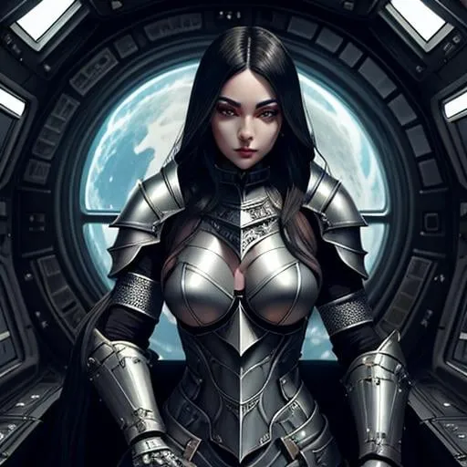 Prompt: stunning gothic female paladin in plate armor character design intricate ink illustration artgerm, floating in airlock of a space station cockpit illustration contrasting two women elegant asparagus tunings