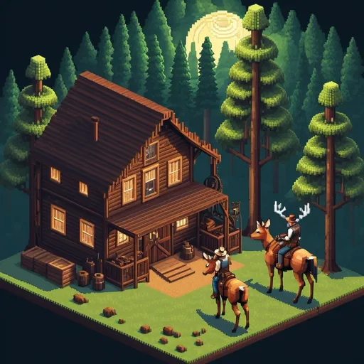Prompt: steampunk style stable, cowboy man with a lasso, isometric pixel art, 64x64, digital art, forest in the background, deer in the foreground, nightfall