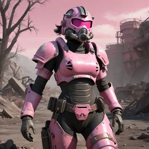 Prompt:  image of a female raider from the Fallout series clad in pink chromatic power armor, using pastel colors. The setting is a state park ruined with dim lighting. Capture the character in an action pose that would be trending on ArtStation. The final image should be in 8k resolution.