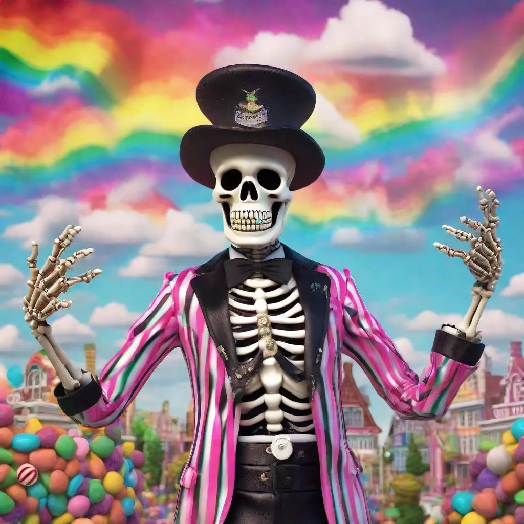 Prompt: Skeleton Mayor of Comfy town is the essence of death. toxic punk photorealistic, rainbow sky, puffy clouds background, candyland vibes