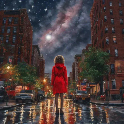 Prompt: A nightfall at New York City, Low Angle Shot, a girl in red raincoat standing middle of street looking up, digital art, starry night, moonlight, cloudy, Maurice Prendergast, sunset, award, a passionately vibrant interpretation, summer, Dramatic Lighting --v 5. 2 --style raw --s 750 --ar 9:16 --q 2