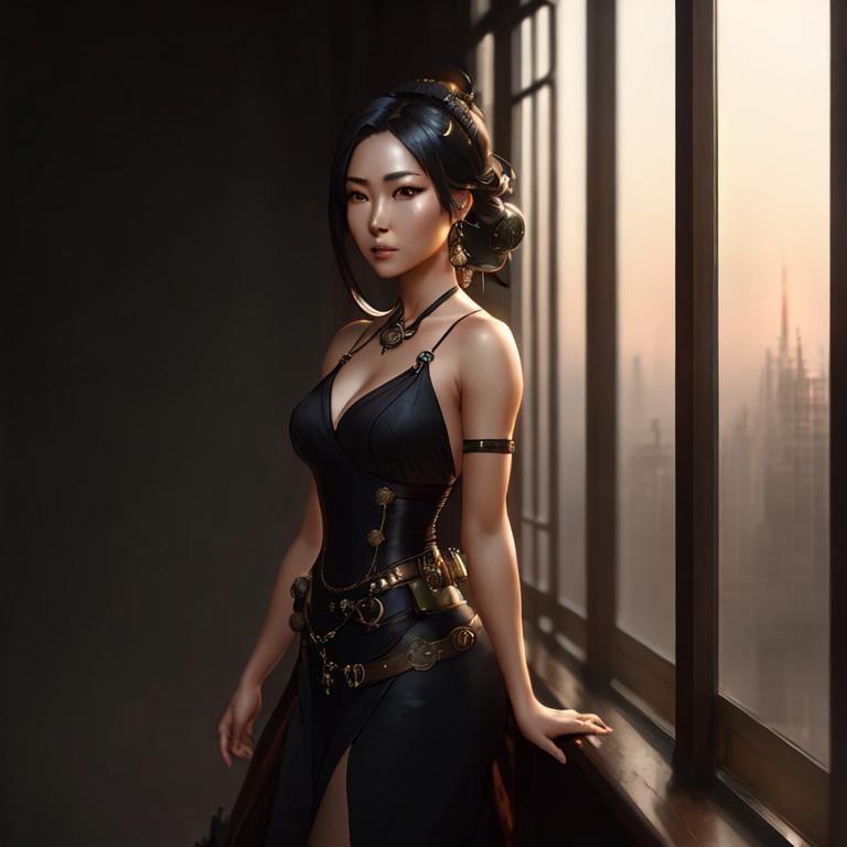 Prompt: Professional painting of a beautiful steampunk asian woman, by Jeremy Mann, Rutkowski, and other Artstation illustrators, intricate details, face, full body portrait, headshot, illustration, UHD, 4K