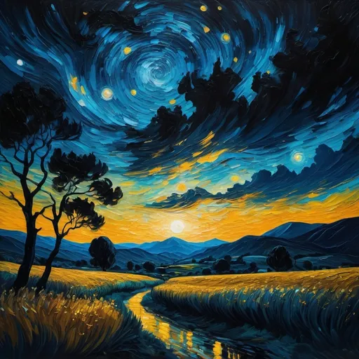 Prompt: score_9, score_8_up, score_7_up, score_7, score_6_up, an oil painting of fantasy in heat, silhouette on Hidden valley, style of van gogh, starry night vibes, expressionism, gloomy, dark tones, unforgettable, dark fantasy, fantasy, emotional depth. (vibrant masterpiece, (8k1.5), UHD, very detailed, high-quality, best artist, sharp edges, detailed textures, full view, atmospheric lighting, stunning visuals)