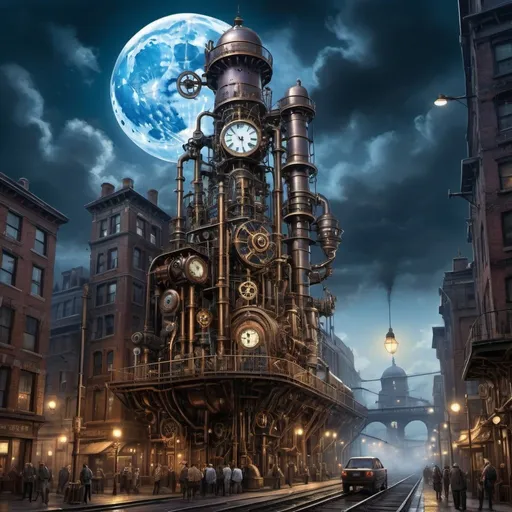 Prompt: Illustrate a mesmerizing steampunk landscape with intricate clockwork elements set against a backdrop of a striking blue moon and dark, ominous skies. The scene unfolds in a sprawling, industrial cityscape adorned with towering clock towers, elaborate gears, and intricate brass piping that weaves through the architecture like veins of a metallic organism. Steam billows from towering smokestacks, adding a sense of motion and life to the mechanical metropolis. The blue moon hangs low in the sky, casting an eerie, ethereal glow over the city, its cool light reflecting off the polished surfaces of the clockwork machinery. The sky above is a tapestry of swirling storm clouds, tinged with hints of electric blue and violet, crackling with latent energy. The air is heavy with the scent of oil and metal, punctuated by the rhythmic clanking and whirring of the clockwork mechanisms that power the city's heart. The landscape is a harmonious blend of industrial grit and steampunk elegance, where the line between man and machine blurs into a seamless fusion of artistry and engineering.