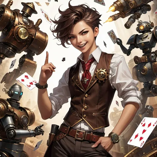 Prompt: steampunk, ace card,playing card, 1boy, finger guns, laughing, vest, collared shirt, pants, view from above, skirt, fighting, evil robots