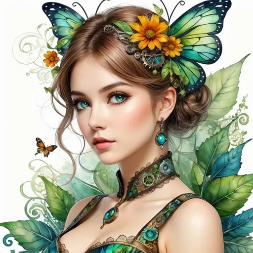 Prompt: steampunk theme, (Top Quality, Top Quality, Masterpiece), Beautiful Aesthetic, Intricate Detail, Super Detail, Artistic, Fantastic, Vintage Style, (Cobalt Green, Watercolor), Vivid, Colorful, Minimal, Russian girl, (Glamourous Fairy), Eyelashes, Slender body, leaf dress, flower, butterfly, plant, (fractal art, colorful pattern, zentangle:1. 1), (simple background), (full body), sit, dynamic composition, UHD, HDR, 8K, (Masterpiece:1. 5), (best quality:1. 5)