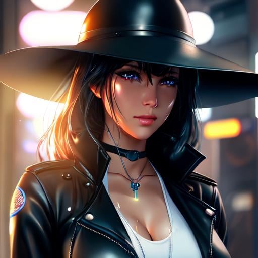 Prompt: neon sun hat, crying wet tears, sad face,illustration, holding a beer bottle, artstation, dynamic soft lighting, high-res, 4k, stylistic, cyberpunk, anime, black leather dress, high detail, award-winning cgi, blender, concept art, smooth, sharp focus, illustration, art by artgerm