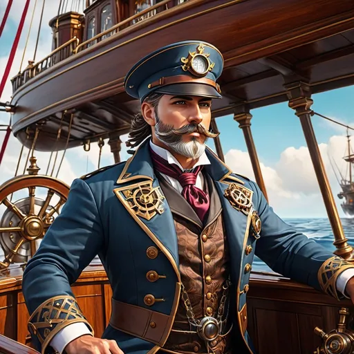 Prompt: steampunk boat captain, splash art, front, wearing body accessories, epic Instagram, artstation, hyperdetailed intricately detailed , unreal engine, fantastical, intricate detail, splash screen, complementary colors, fantasy concept art, 8k, deviantart masterpiece, oil painting, heavy strokes, splash arts