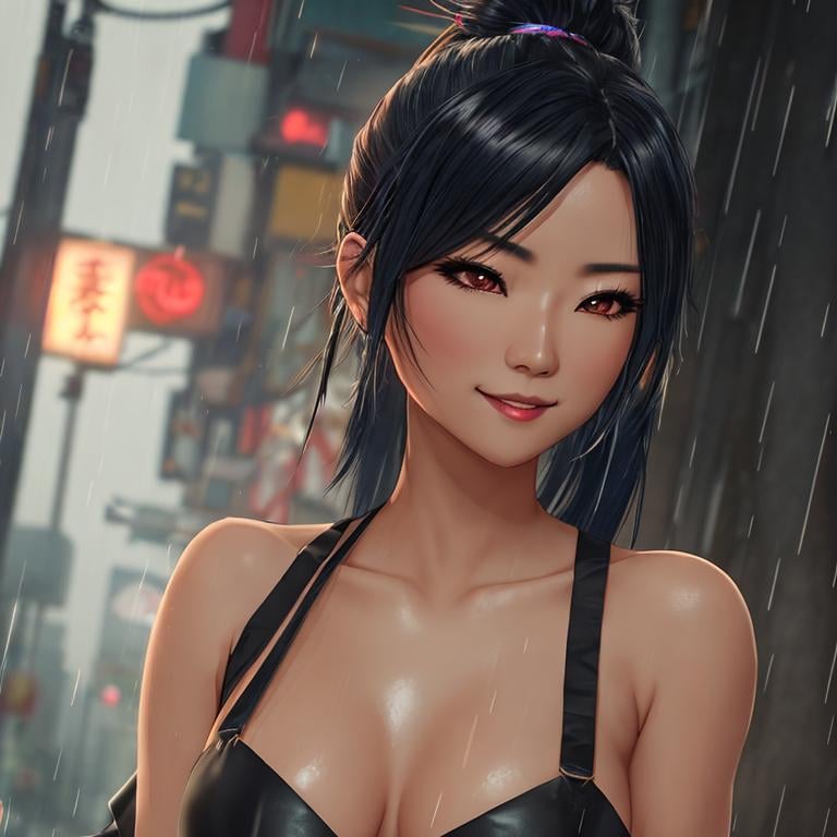 Prompt: Digital art, game art, asian vibes, neon light, night city, rain, full length, anime woman with samurai mask, black hair with blue streaks, ponytail, creepy smile, smooth soft skin, detailed face, holding white dog, wearing black skirt