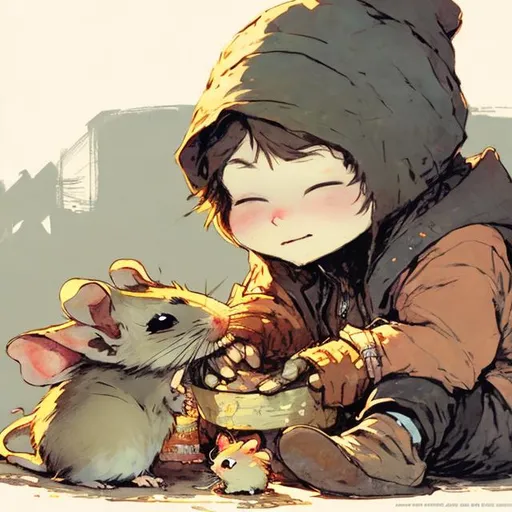 Prompt: character design of homeless boy petting a small chibi mice, close up illustration by demizu posuka warm colors orange values