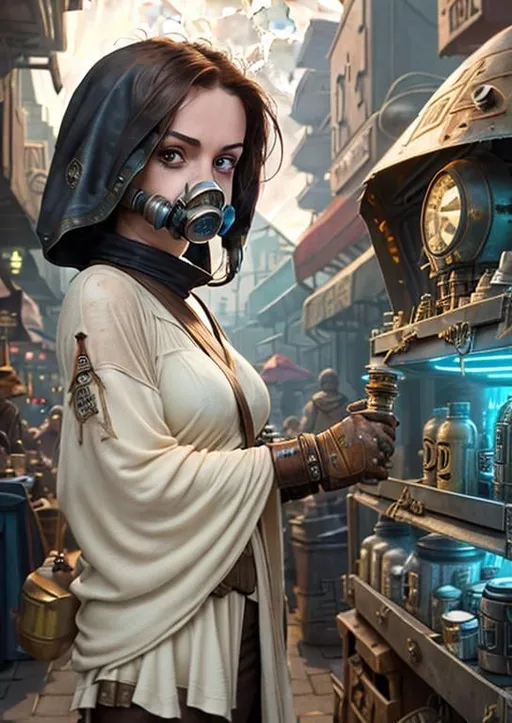 Prompt: star wars, a female steampunk merchant with gasmask attachment to metal rusty helm showing random alien artifacts in a stall with alien writing, busy marketplace at different aliens, Full-body portrait, detailed beautiful eyes, epic full moon in background, dark city, windy with clouds, 8k, dim lighting, by Frank Frazetta and Wally Wood 