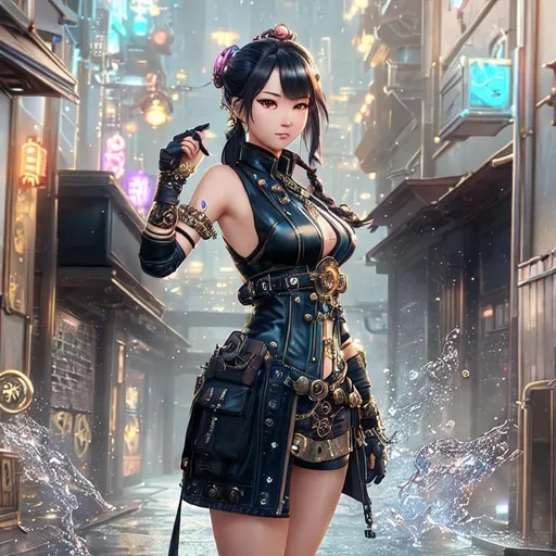 Prompt: steampunk asian girl, splash art, space nebula, front, wearing body accessories, epic Instagram, black gloves, artstation, street alley, dim lighting, neon lights, nightfall, alley, hyperdetailed, intricately detailed , unreal engine, fantastical, intricate detail, splash screen, complementary colors, concept art, 8k, deviantart masterpiece, oil painting, heavy strokes
