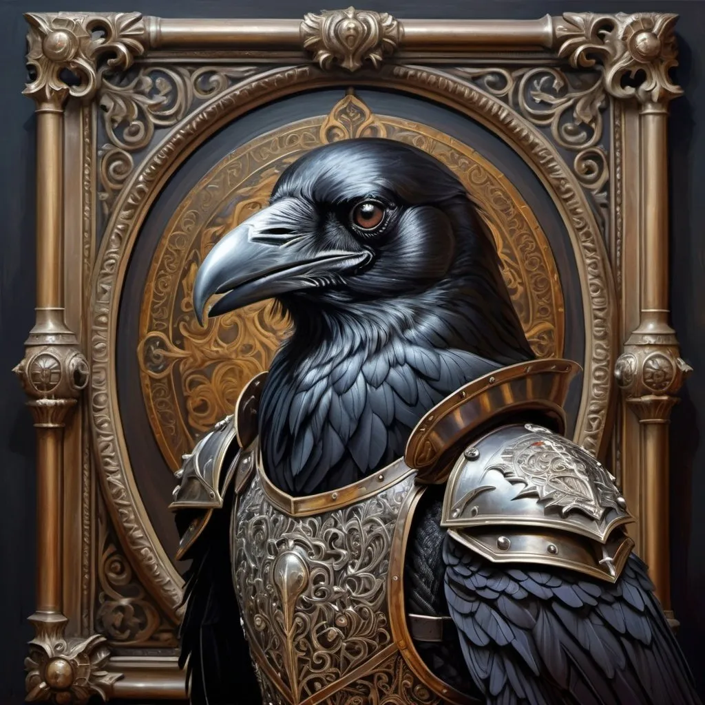 Prompt: Ornately framed portrait of a fantasy anthropomorphic raven in medieval armour. Intricate details, ornate patterns, atmospheric, highly detailed oil painting, highly detailed matte painting