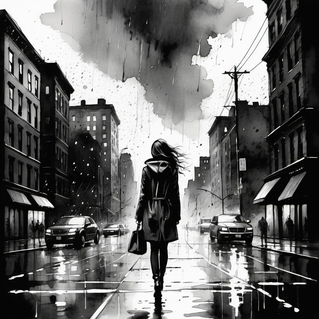 Prompt: ink illustration, hauntingly beautiful scene of a woman walking through an empty city, raining, stormy sky, no face, streets of New York, ink splashes, rough ink sketch