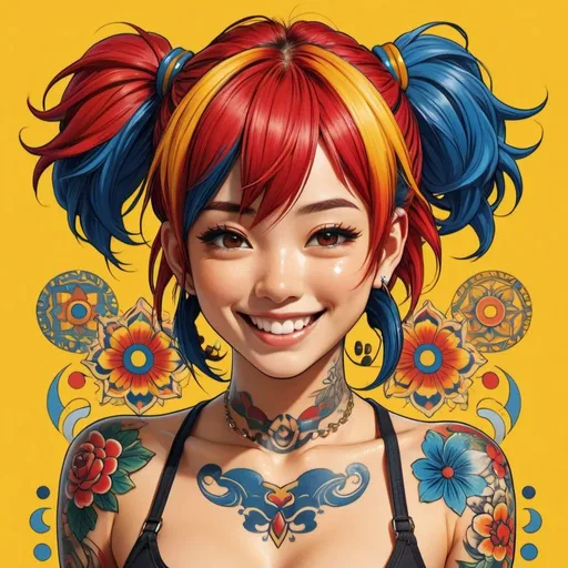 Prompt: Anime Style illustration of a female character with red and blue hair, wearing colorful tattoos on her chest and smiling against a yellow background. The artwork, intricate details and sharp focus with high resolution and high detail. It has a perfect composition in the anime art style with the Japanese manga artstyle. The rendering is of the best quality in the style of Akira Toriyama and Nyo