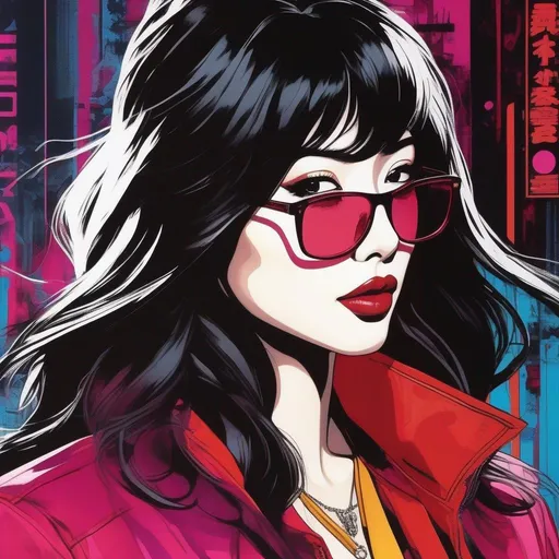 Prompt: a close up of Yunjin Kim with a red jacket and black hair, silk screen art, zenescope, still from tv anime, asymmetrical artwork, by Sarah Morris, with bewitching eyes, nightclub dancing inspired, brown and magenta color scheme, bunny girl, stencil, extremely luminous bright design, voidstar, official artwork, navigator glasses, anti - communist, character mashup, unmasked, jean, (bee), by Dan Jurgens