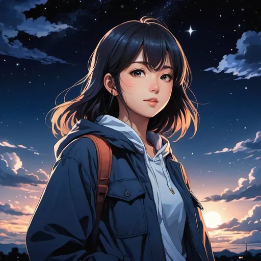 Prompt: girl in light clothing, style artist oyari ashito, against the night sky, night, portrait, satisfaction, enjoyment, manga graphics, anime, drawing, dark exposure, bright colors, the highest quality, the highest detail, first-person view, dark tones, Clouds 