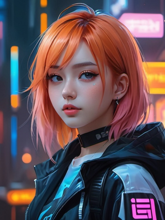 Prompt: a painting of a girl with orange hair, cyberpunk art, inspired by Yanjun Cheng, digital art, anime visual of a cute girl, pin on anime, blue and pink colors, detailed digital anime art
