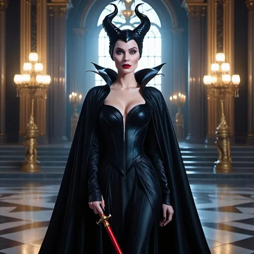 Prompt: spell motion capture of Maleficent disney character, a real beautiful elegance woman with glowing yellow eyes and scarlet lips, intricate high shaped hairstyle, in very long black cape velvet, she hold magical staff in hand, throne hall in background, gorgeous, Intricate epic wide shot, perspective dark fantasy, CGI, depth focus, photorealistic, realistic detailed, complicated, complicated maximalist hyperrealistic, UHD 1080p, HQ, CGSociety --niji 5 --style expressive