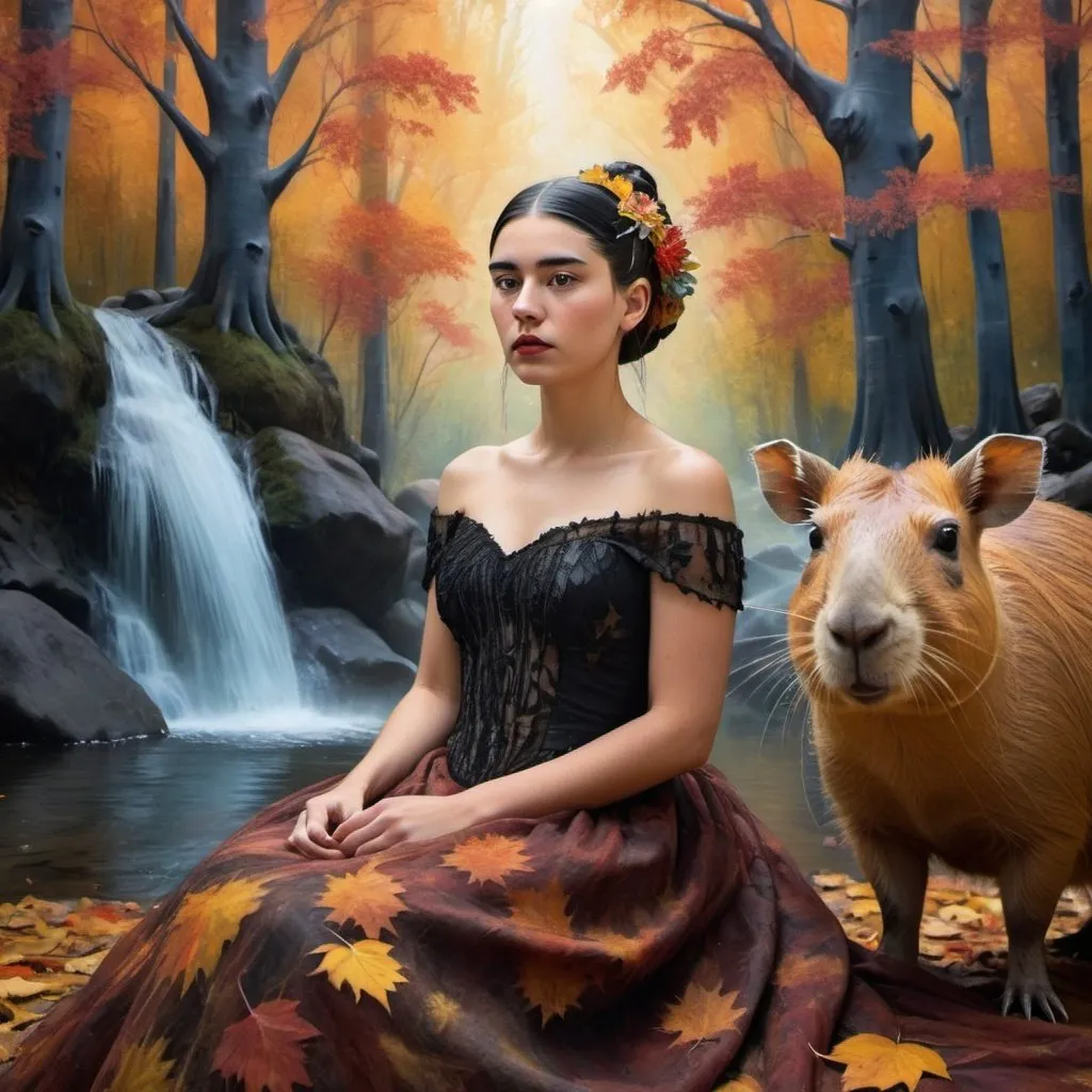 Prompt: Close up Portrait of a girl next to a capybara, in the style of a Frida Kahlo painting, in a grove of enormously fat aspens, adorned in a multi-layered gossamer gothic gown with a texture resembling flowing water, starry constellations swirling in her black hair, poised in a mystical vale full of cascading waterfalls,  with the view captured from ground level, camera angled upwards, bathed in the ethereal glow of autumn twilight, autumnal hues of foliage, shimmering veils of cascading water, dramatic lighting, backlit, photorealistic style