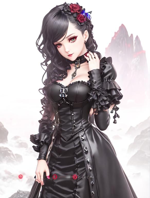 Prompt: splash art, full body view, 
gothic robotic maid, dark red steampunk gothic clothing, dark eyes, dominating, choker around neck, curly hair, silver rings, beautiful, detailed accessories, surreal, hyper-detailed, 64K, UHD, HDR, unreal engine, vivid colors, beautiful, mountain background, yoko taro anime style