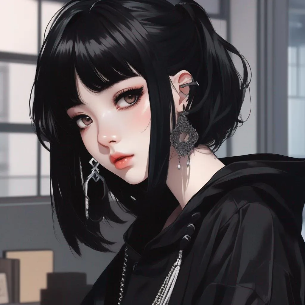 anime girl with black hair and piercings in a black...