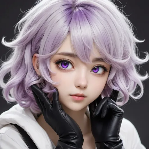 Prompt: anime girl with purple hair and black gloves holding her hand to her face, highly detailed muted colors, curly white hair, mischievous expression, monochrome eyes, discord pfp, loosely cropped, aliased, :: nixri, detailed humanoid, inspired by Gu Kaizhi, ak45, discord mod, natural color skin, black, fa