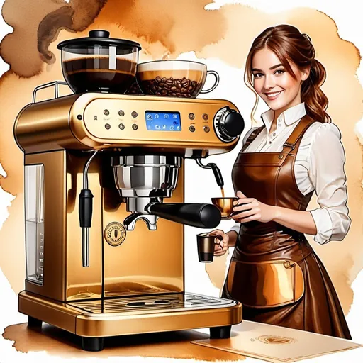 Prompt: Steampunk Style Coffee Machine and Cup on the Table with Beans, and 1Girl Looking Front, Smile, Watercolor, Sketch, Labels, Text, Logo, Icon, architectural plans, technical illustration, scientific diagram, Parchment Background, Soft, warm lighting casts a golden glow, enhancing the metallic tones. Digital illustration, Detailed and intricate, Warm and inviting hues of brass, copper, and brown