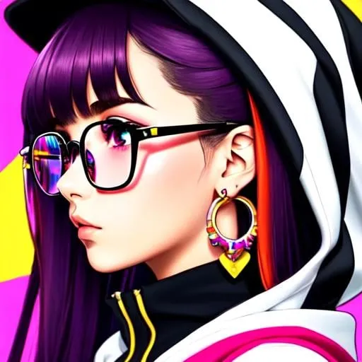 Prompt: Pop girl, big earrings, profile, colorful hoodie, glasses, lofi collar, long neck, extra eyes, extra face, anime picture, anime, lofi art, lofi vibes, portrait of a beautiful anime girl.  --aspect 5:7 --q 2