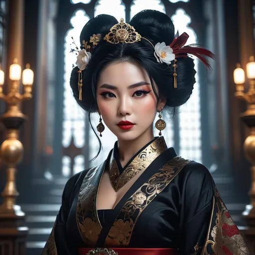 Prompt:  a close up portrait of a beautiful evil geisha in a dark gothic cathedral, Rococo, Hyperdetailed, Delicate; Royo, Bagshaw, Chevrier, Lou Xaz, Ferri, Kaluta, Minguez, Mucha, Simon Dewey, WLOP, Greg Olsen, Artgerm. Cinematic, 8K, Detailed cityscape in steampunk style on the background :: hyperdetailed, maximalist intricately detailed, 8k resolution concept art, detailed matte painting, hyperdetailed, Splash art, trending on Artstation, Unreal Engine, Octane Render