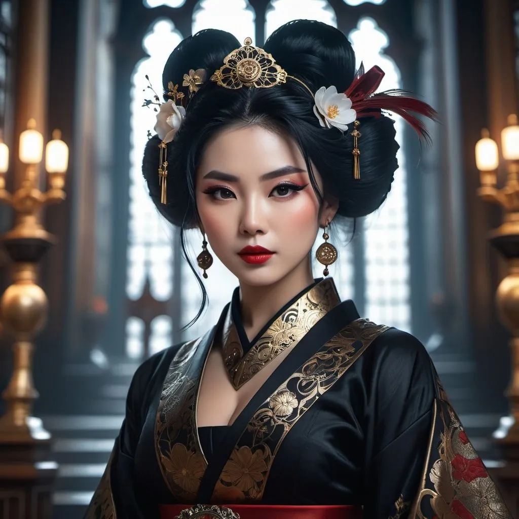 Prompt:  a close up portrait of a beautiful evil geisha in a dark gothic cathedral, Rococo, Hyperdetailed, Delicate; Royo, Bagshaw, Chevrier, Lou Xaz, Ferri, Kaluta, Minguez, Mucha, Simon Dewey, WLOP, Greg Olsen, Artgerm. Cinematic, 8K, Detailed cityscape in steampunk style on the background :: hyperdetailed, maximalist intricately detailed, 8k resolution concept art, detailed matte painting, hyperdetailed, Splash art, trending on Artstation, Unreal Engine, Octane Render