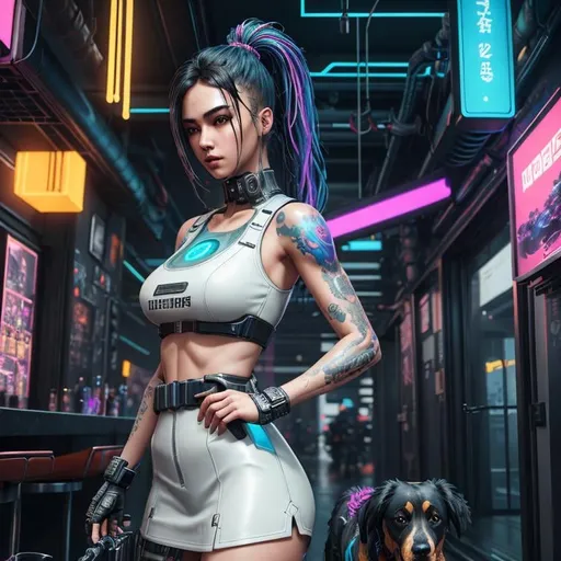 Prompt: cyberpunk girl with dog in cloudy smoked filled bar, mechanical, excited, symmetrical, perfect composition, hyperrealistic, super detailed, 8k, high quality, Splash art, front, epic Instagram, artstation, hyperdetailed intricately detailed, unreal engine, intricate detail, splash screen, complementary colors, concept art, 8k, heavy strokes, splash arts, full height, full body focus