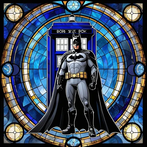 Prompt: Batman finding the Tardis, in the style of detailed stained glass, Dr. Who, Gallifrey, sparkling reflections, hyper-detailed illustrations --ar 2:3 --uplight --s 250 --v 5. 2