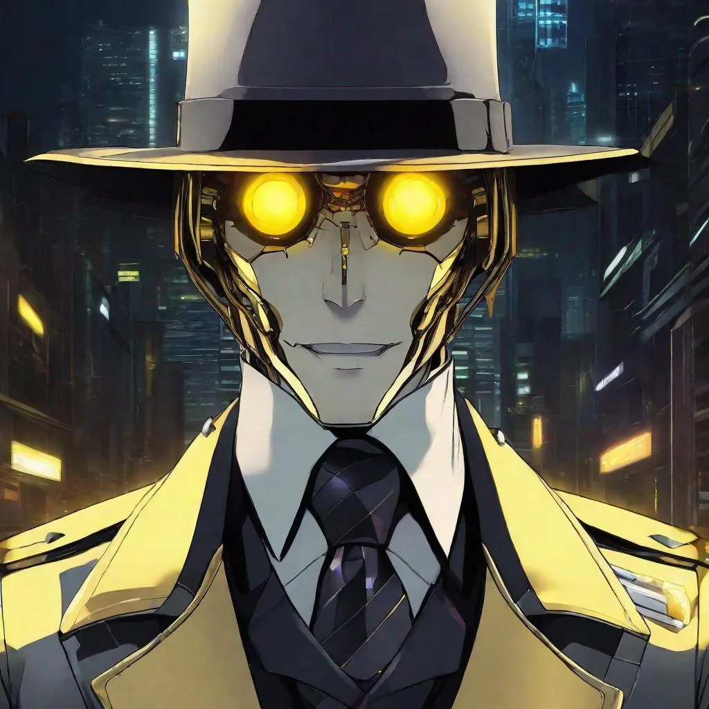 Prompt: there is a man in a hat and coat with a tie, dark cyberpunk illustration, creepypasta, glowing yellow eyes, cyborg, withered, mottling coloring, humanisation, unmasked, test subject, evening starlight, trustworthy, necro, half android, painted face, the shrike, leering