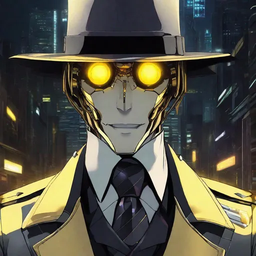 Prompt: there is a man in a hat and coat with a tie, dark cyberpunk illustration, creepypasta, glowing yellow eyes, cyborg, withered, mottling coloring, humanisation, unmasked, test subject, evening starlight, trustworthy, necro, half android, painted face, the shrike, leering