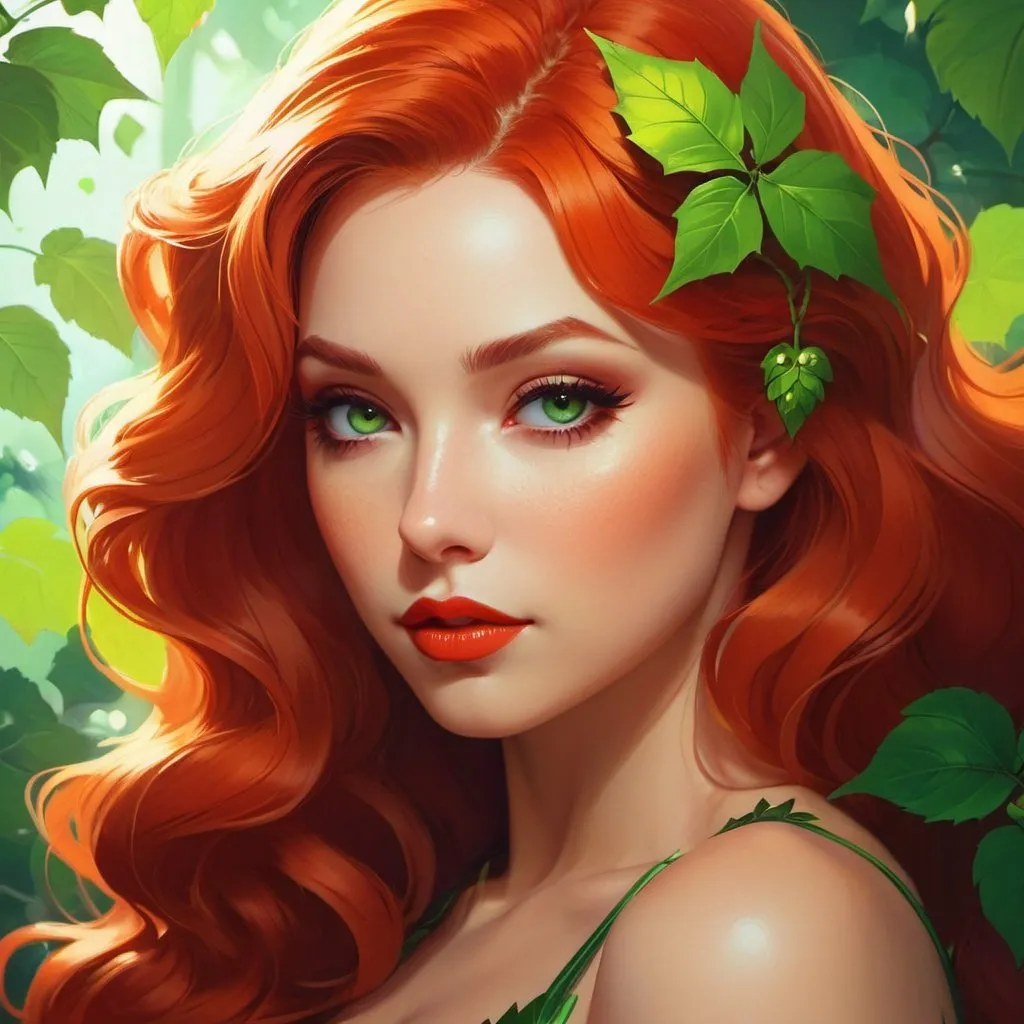 Prompt: a portrait of poison ivy, fantasy, sharp focus, intricate, elegant, digital painting, artstation, matte, highly detailed, concept art, illustration, ambient lighting, art by ilya kuvshinov, artgerm, alphonse mucha, and greg rutkowski