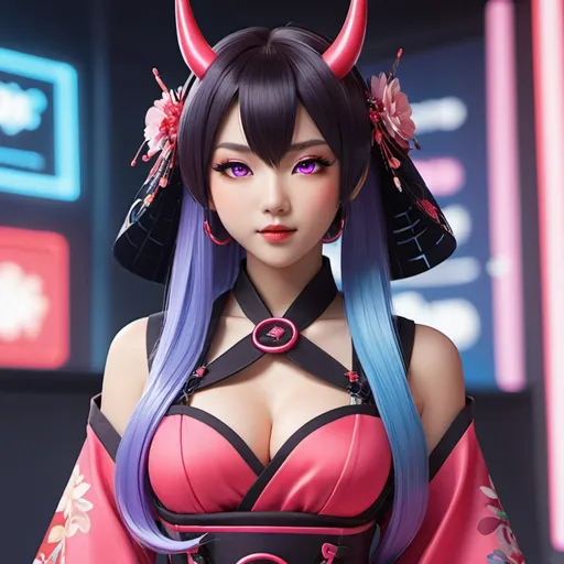 Prompt: image of Nihmune, the virtual YouTuber (Vtuber). The character should embody a unique blend of futuristic and traditional Japanese aesthetics. Features to highlight include her striking digital pink eyes, which are a signature element, red devil horn and her hair that seamlessly transitions from a blue black to a vibrant purple, spike collar, sheer gothic corset, mesh fishnets, Ensure she has a friendly and approachable expression. Nihmune's attire should fuse a conventional kimono with cybernetic elements, symbolizing her presence both in the virtual world and traditional culture. The background should be abstract, subtly hinting at a digital realm.