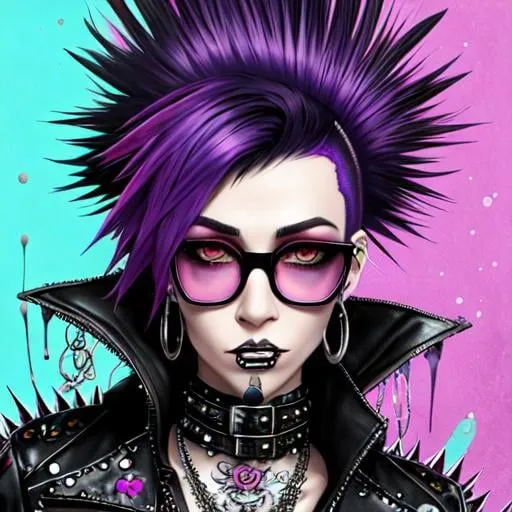 Prompt: Portrait, punk-rock anthropomorphic raven wearing a leather jacket and glasses, cool colorful cyberpunk flowerpunk, in the style of Gediminas Pranckevicius, moebius, atompunk, Ink Dropped in water, splatter drippings, mohawk, nose-ring, lots of chains, spikes on jacket, grunge t-shirt, tattoos, zippers, pulp Manga, cinematic lighting