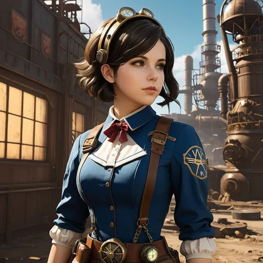 Prompt: score_9,score_8_up,score_7_up,score_6_up,source anime, 1girl, Elizabeth from bioshock infinite, wearing vault suit costume, glamourous cosplay, in the fallout wasteland background, dieselpunk look, bioshock style, neon steampunk, profile shot, lofi bioshock steampunk portrait, apocalyptic fallout 76, and a pipboy on her wrist