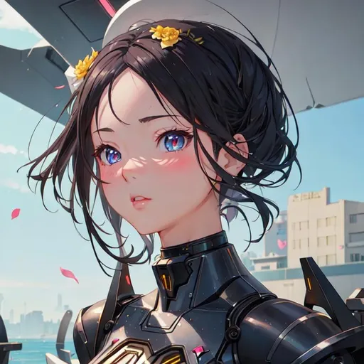 Prompt: lushill style, very cute girl, anime style, comics style, soft skin, soft color, high light, scifi, technology, mechanism, eyes on camera, looking to camera, art by rossdraws, on one knee proposing, holding a bouquet of flowers, blushing, looking away nervously