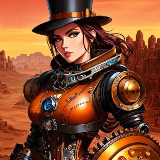 Prompt: A fierce-looking steampunk female robot standing in a rugged desert landscape, with orange gears and machinery, drawn in a comic book style, accentuated with thick outlines and shading, bold, dynamic, 8k, intricate details, close up headshot, dim lighting